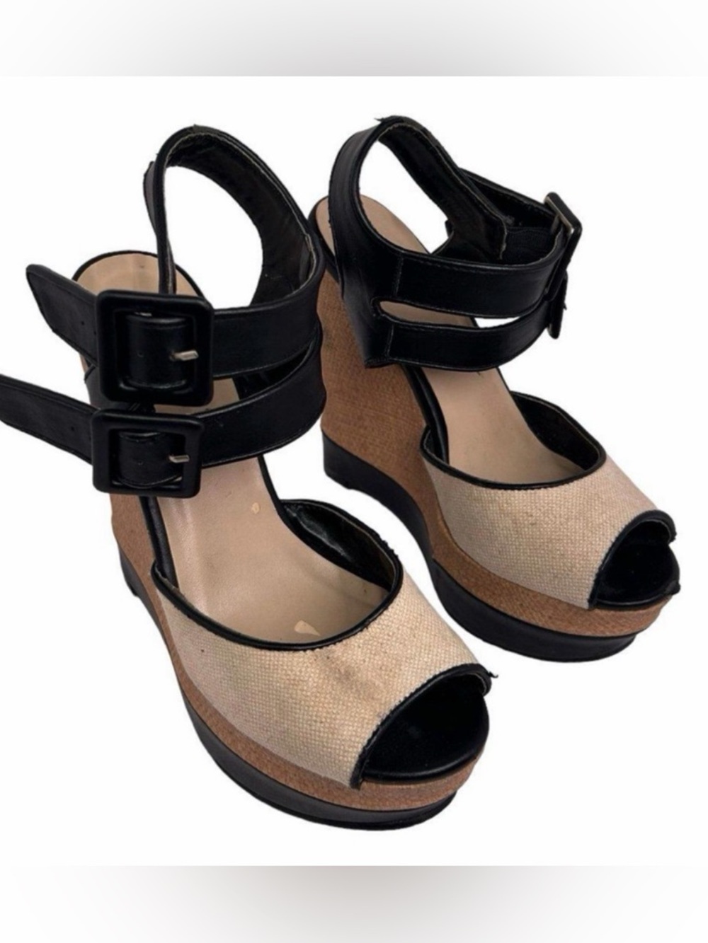 Call It Spring Black and Tan Canvas w/ Double Buckle Wedge Sandals